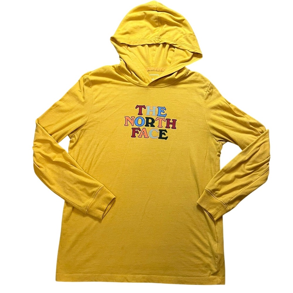 The North Face Womens Yellow Multi Color Logo Long Sleeve Hooded T-Shirt Small